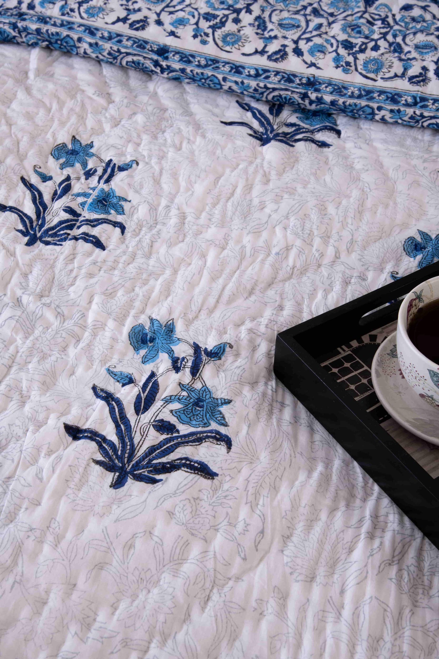 Blue Lily Floral Block Print Jaipuri Quilt