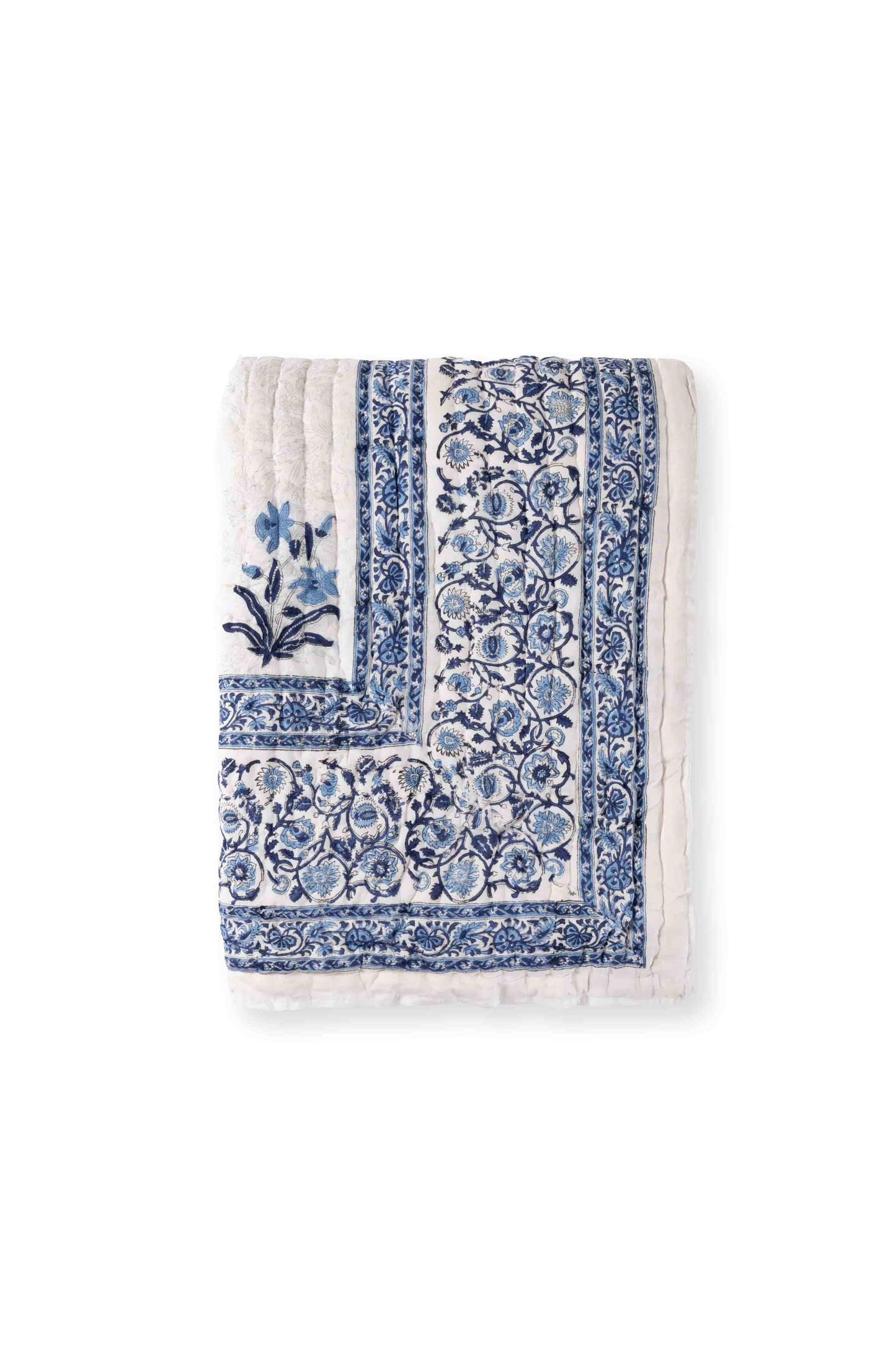 Blue Lily Floral Block Print Jaipuri Quilt