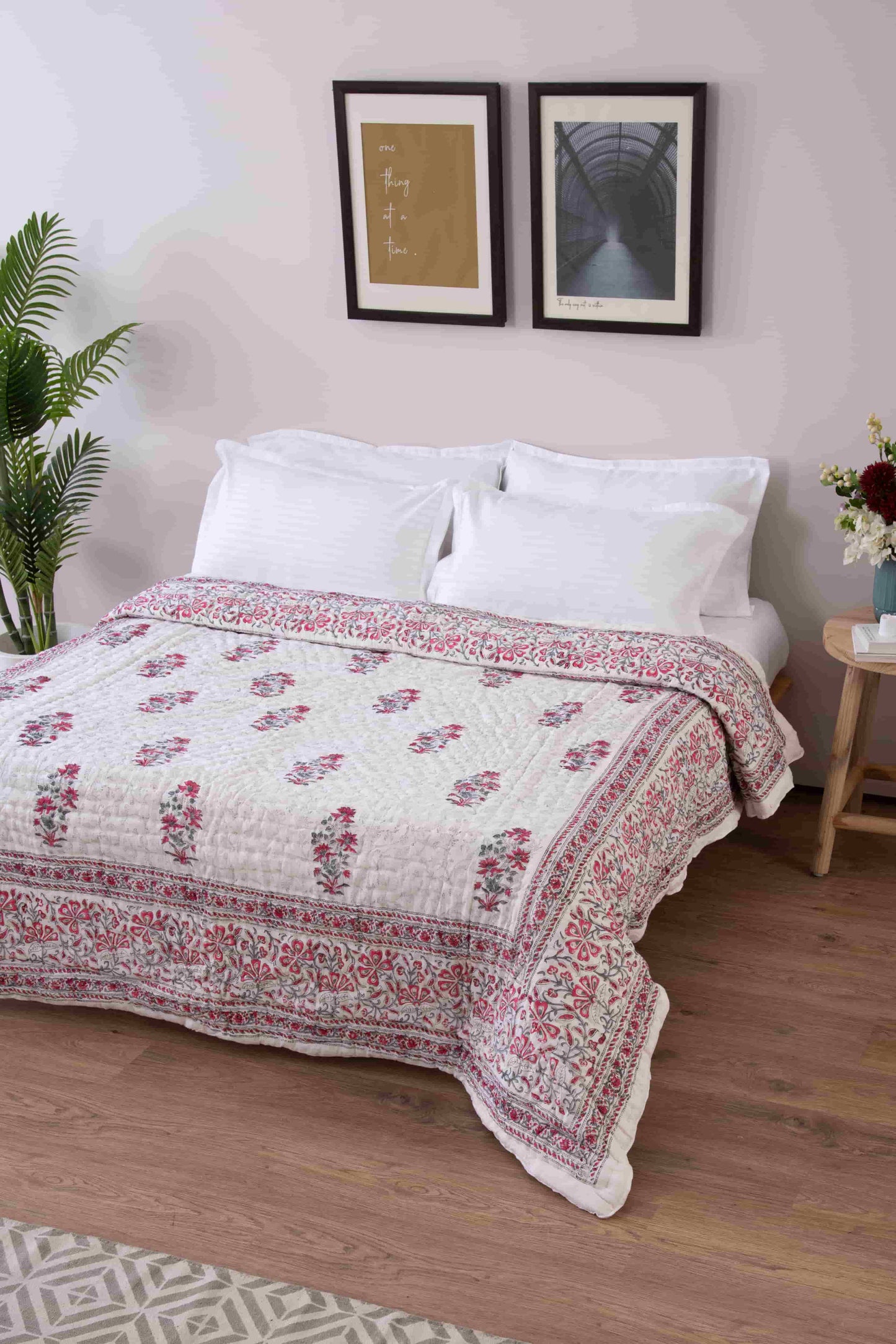 pink flower cotton jaipuri block print razai quilt