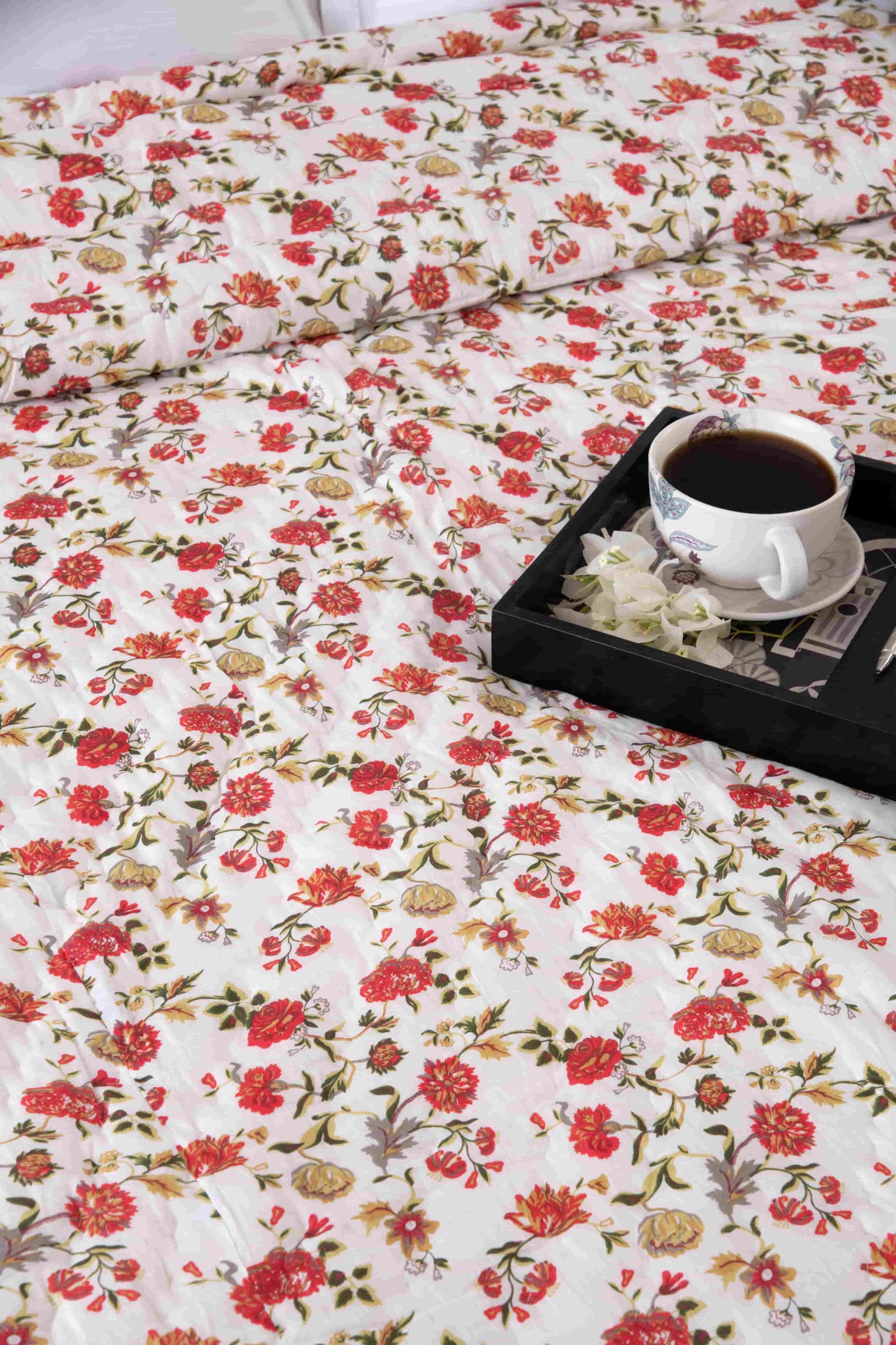 Light Floral Mughal Print Cotton Razai /Quilt - Lushfab Jaipur