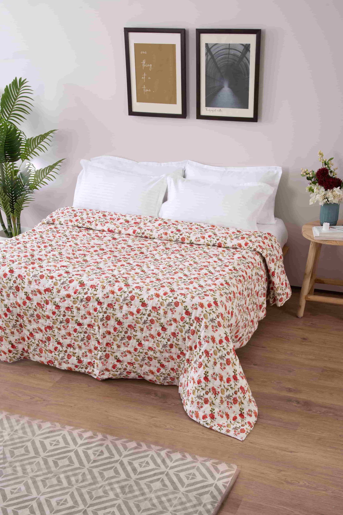 Light Floral Mughal Print Cotton Razai /Quilt - Lushfab Jaipur