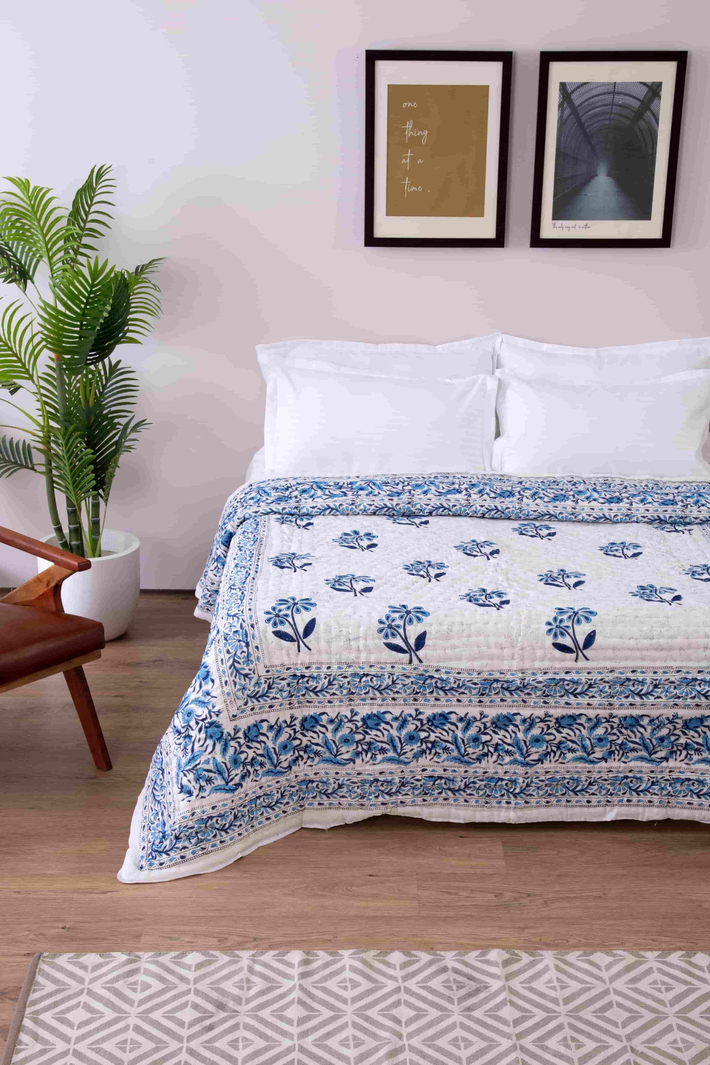 Blue Royal Palm Tree Block Print Quilt