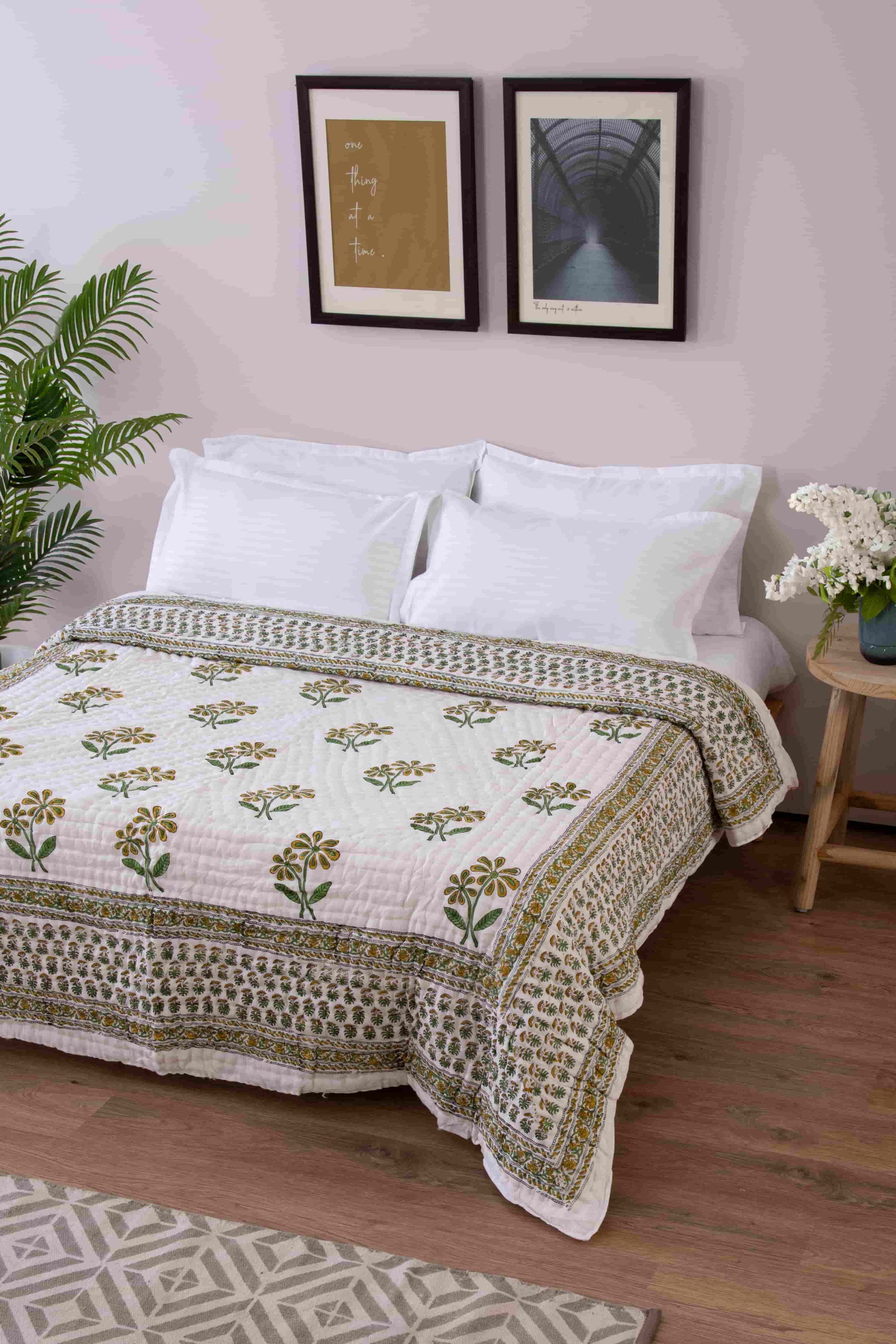 Traditional block printed jaipuri quilt razai, handmade by the local artisans. comes in double and single bed for winters and ac use