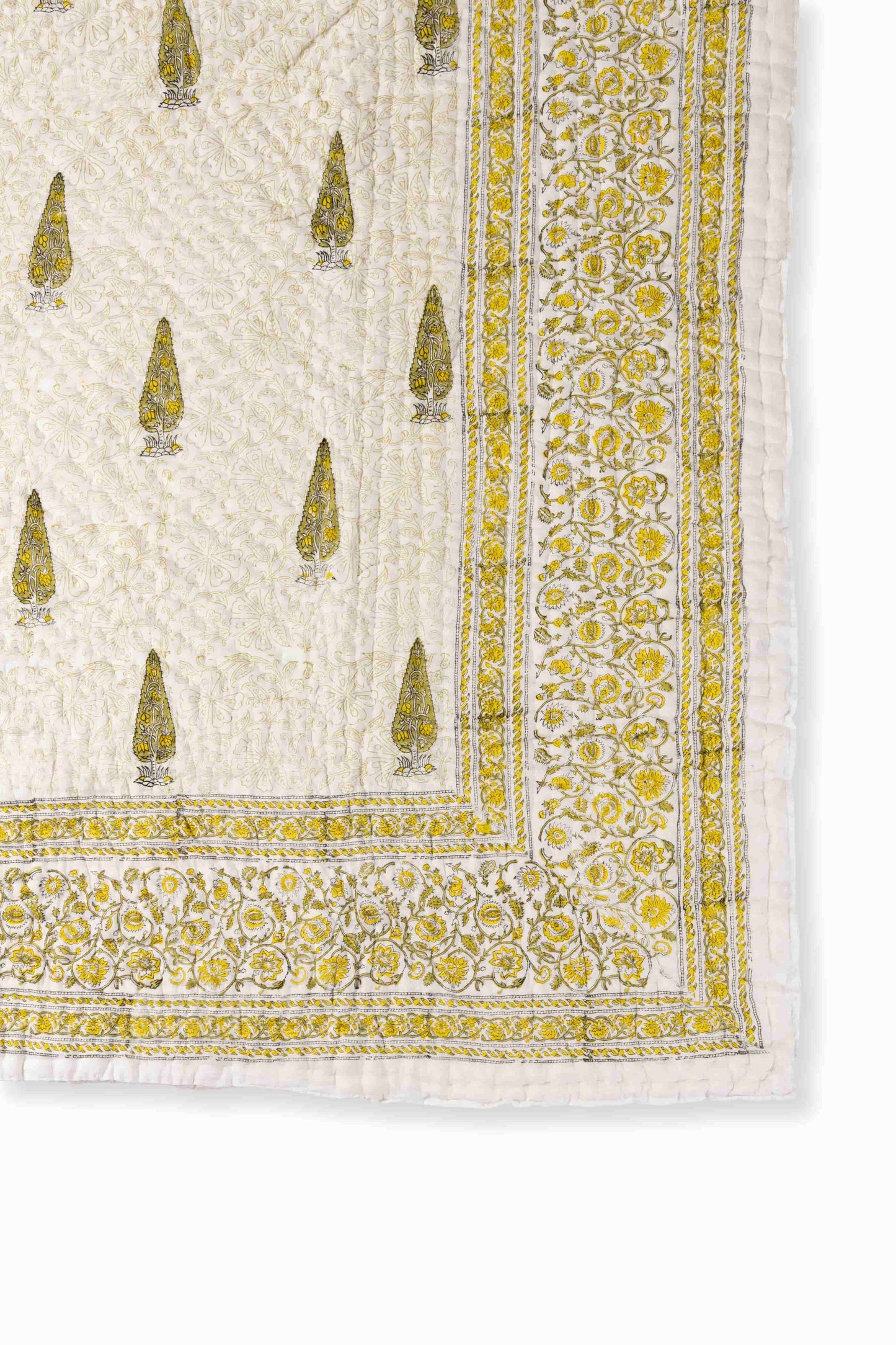 Yellow Pine Block Print Jaipuri Quilt