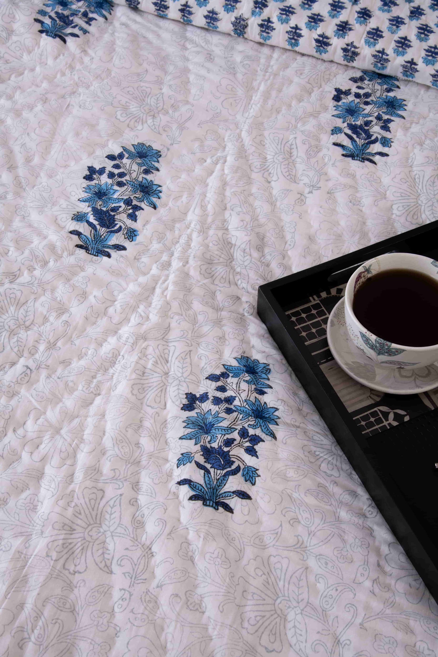 Classy Blue Tree Block Print Quilt