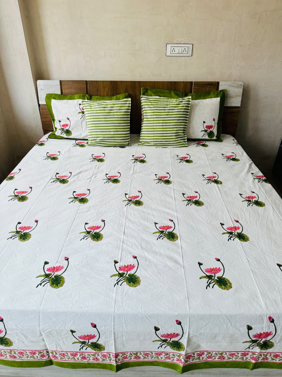 Lotus Block Print Double Bed Bedsheet