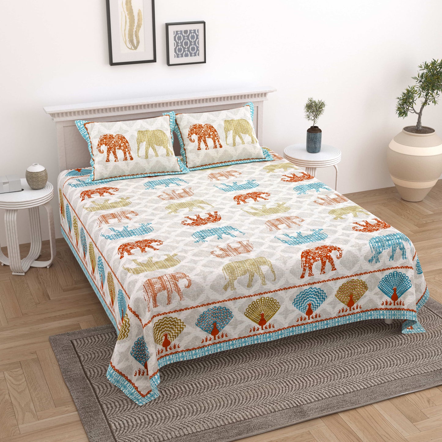 Ethnic Elephant Jaipuri Bedsheet Double Bed (90x108 inch)