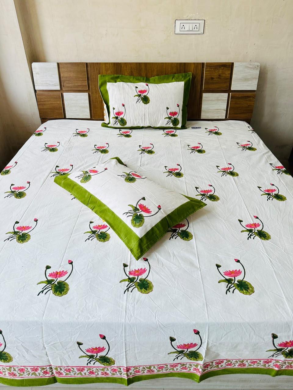Pine Lotus Block Print King Size Bedsheet (108x108 inch)
