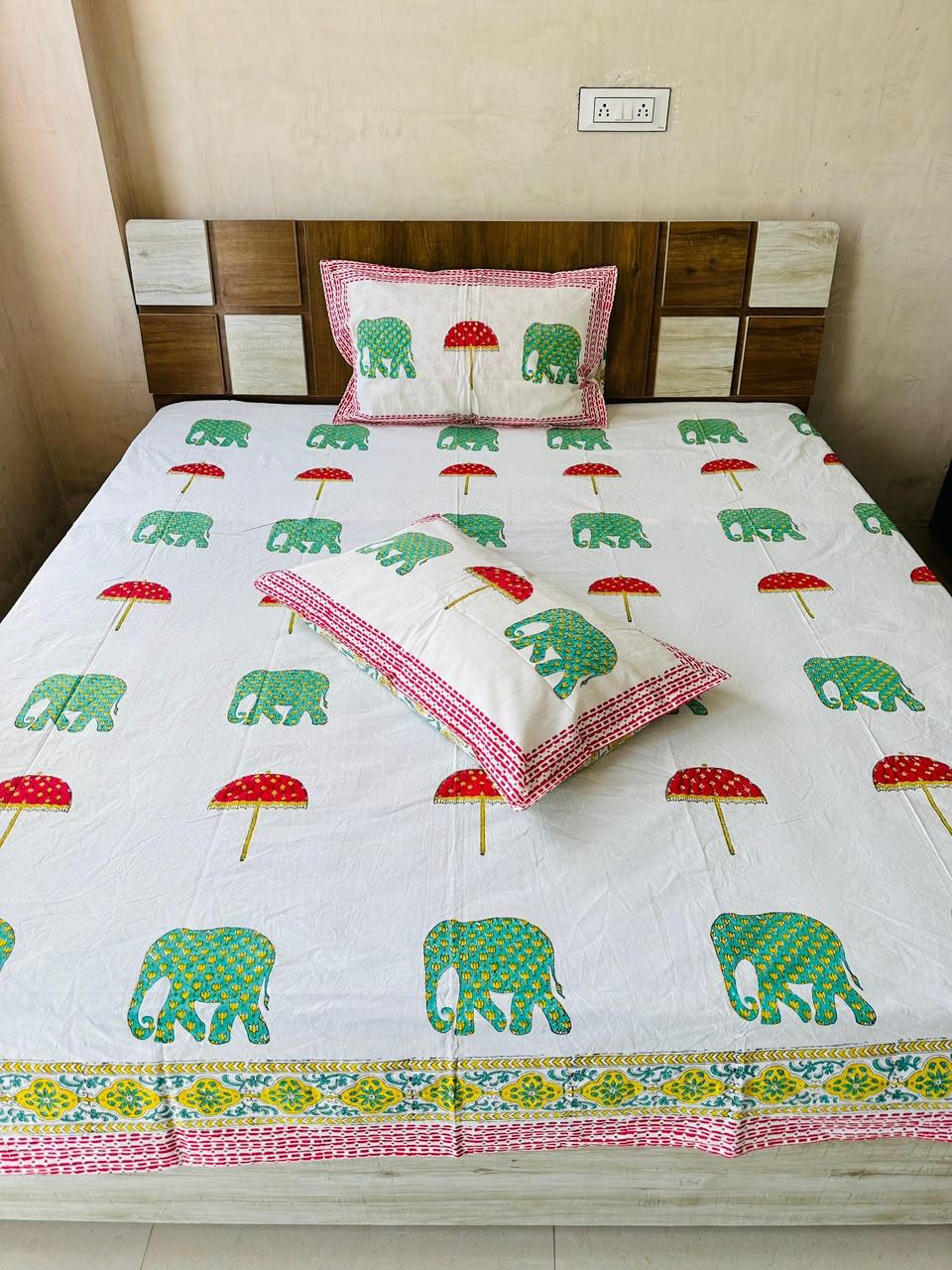 Elephant Block Print King-size Bedsheet (108x108 inch)