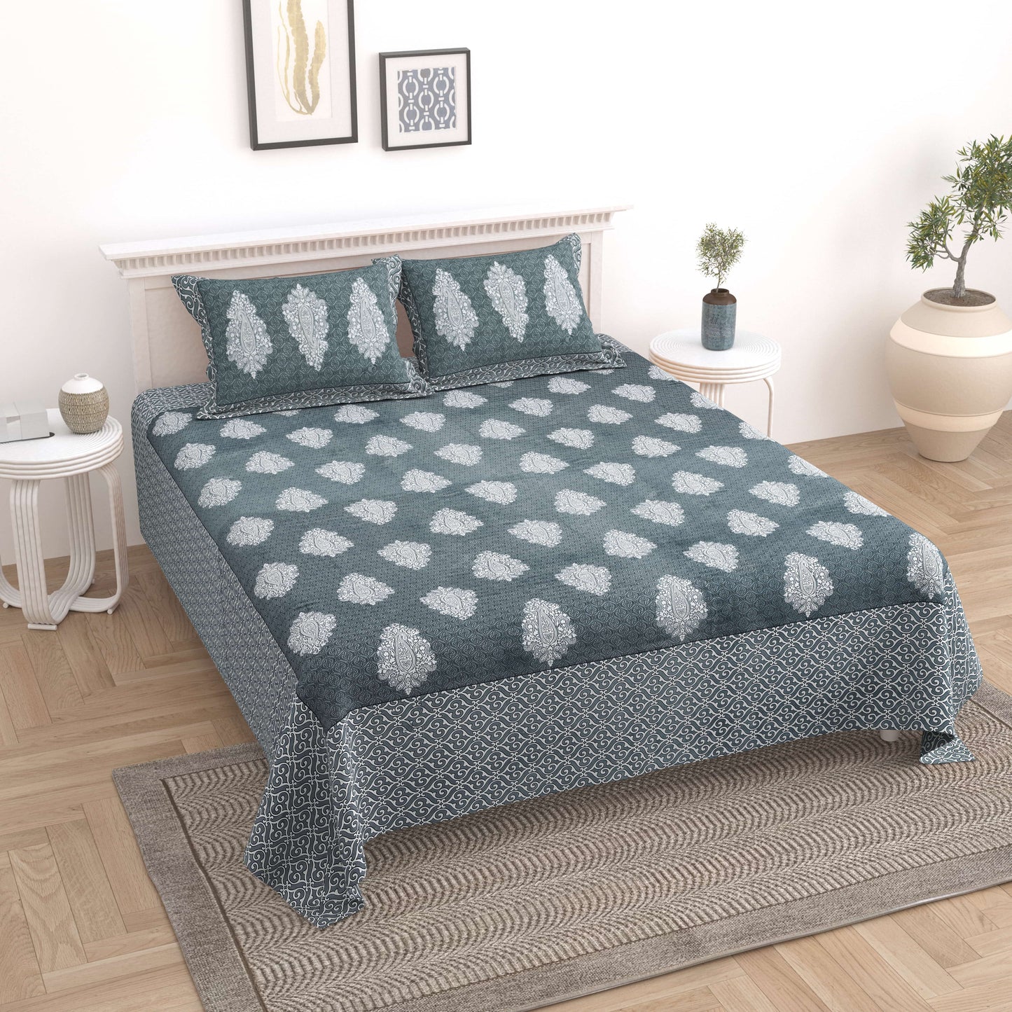 Floral Booti Jaipuri Cotton Bedsheet Double Bed (90x108 inch)