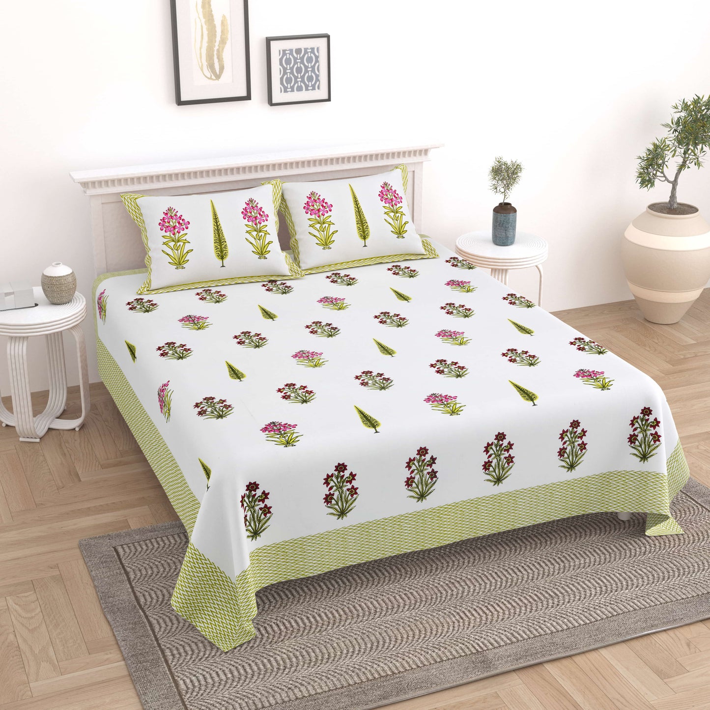 Light Floral Cotton Jaipuri Bedsheet Double Bed (90x108 inch)