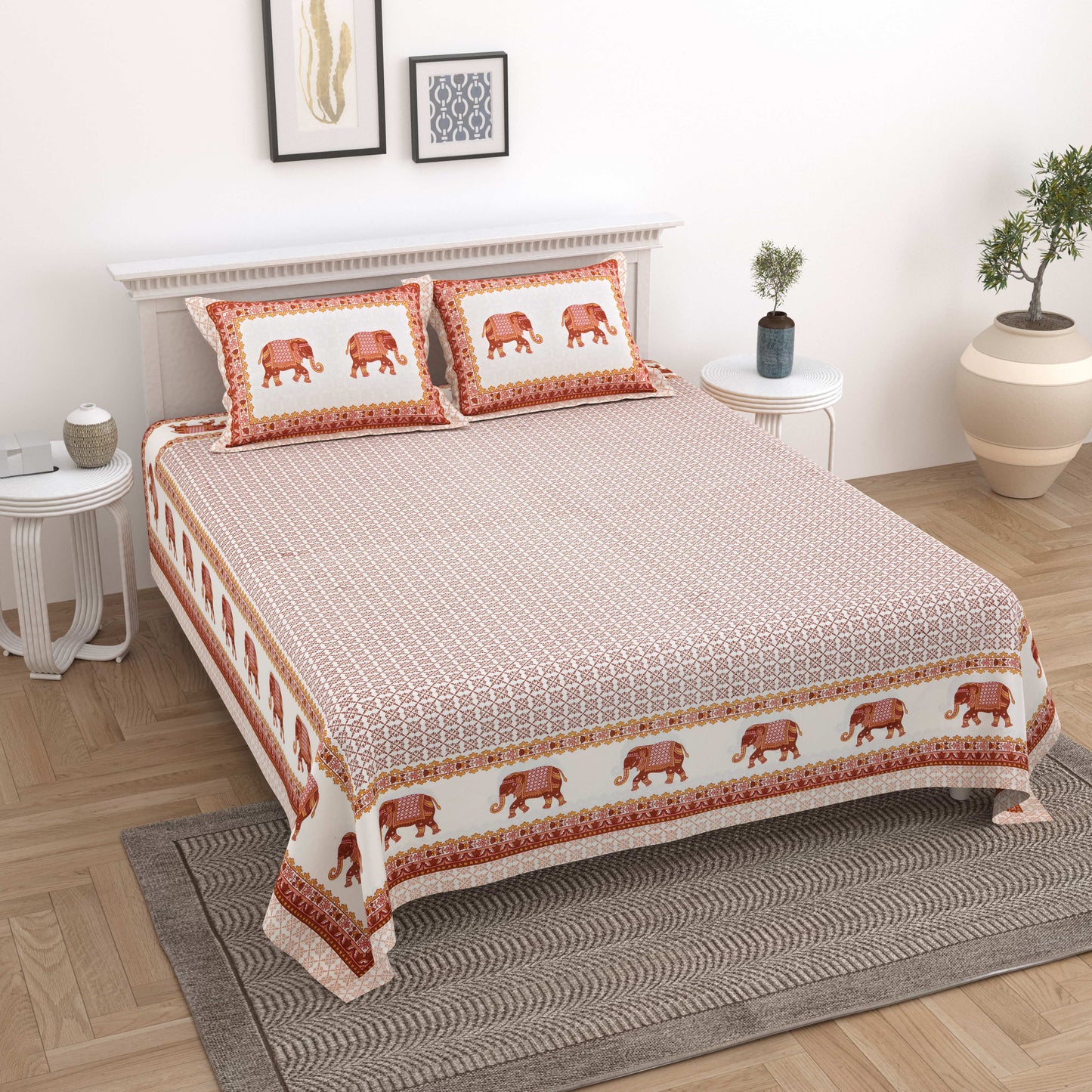 Rajasthani Booti Cotton Jaipuri Bedsheet Double Bed (90x108 inch )