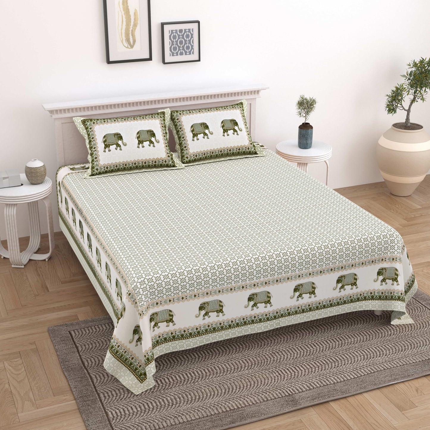 Rajasthani Booti Cotton Jaipuri Bedsheet Double Bed (90x108 inch )