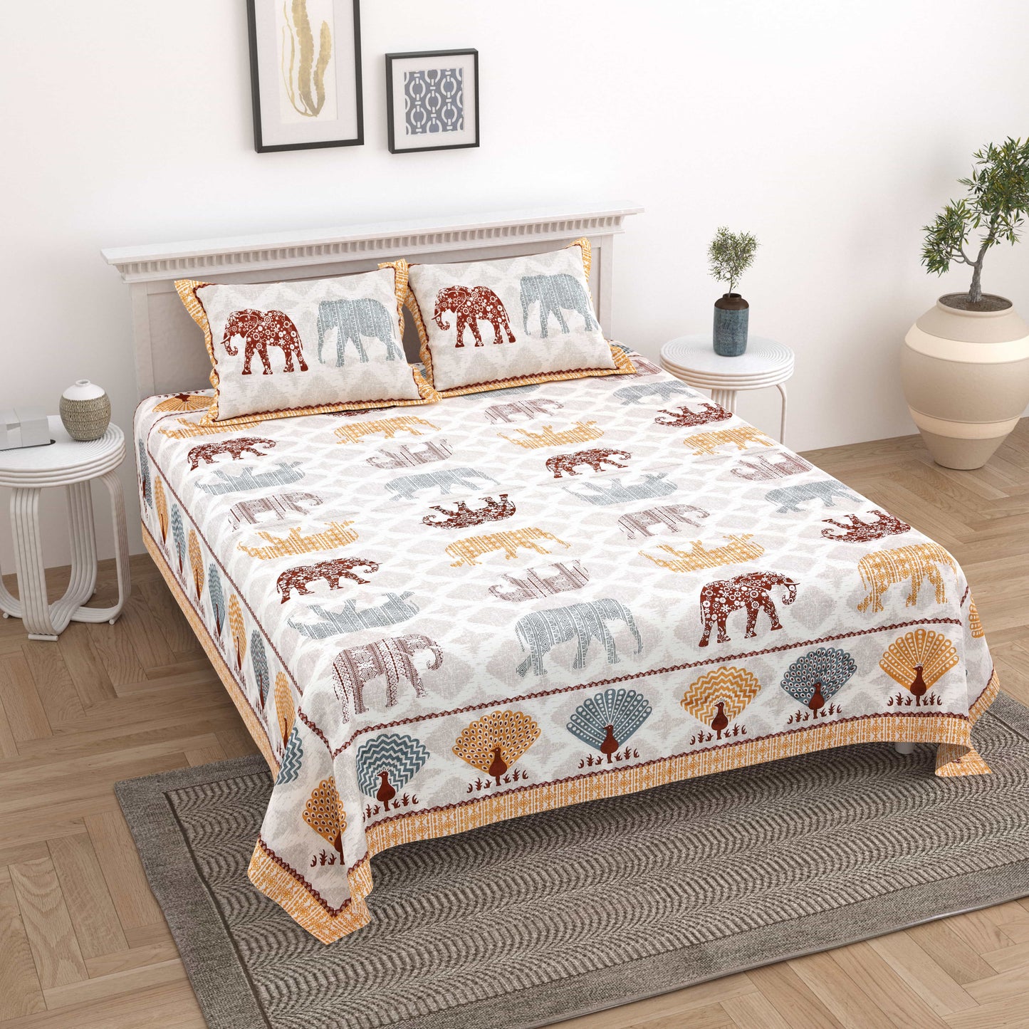 Ethnic Elephant Jaipuri Bedsheet Double Bed (90x108 inch)