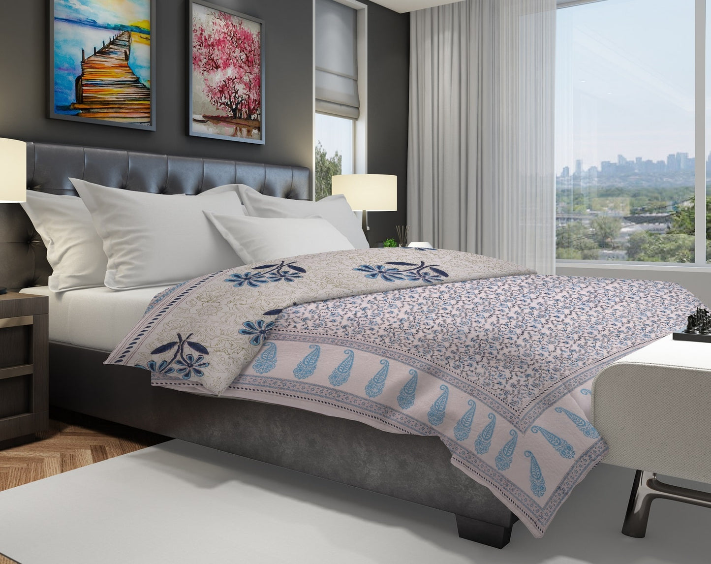 Machine Quilted Blue Palm Tree Cotton Quilt - Lushfab Jaipur