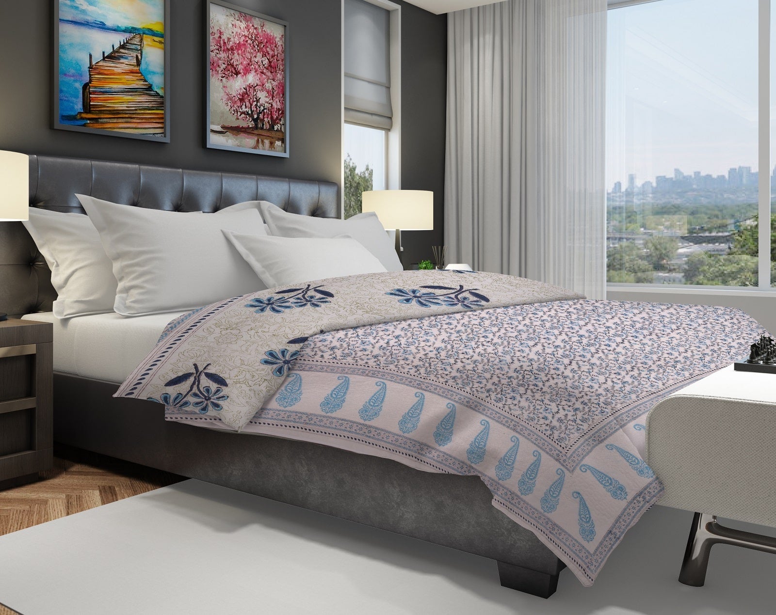 Machine Quilted Blue Palm Tree Cotton Quilt - Lushfab Jaipur