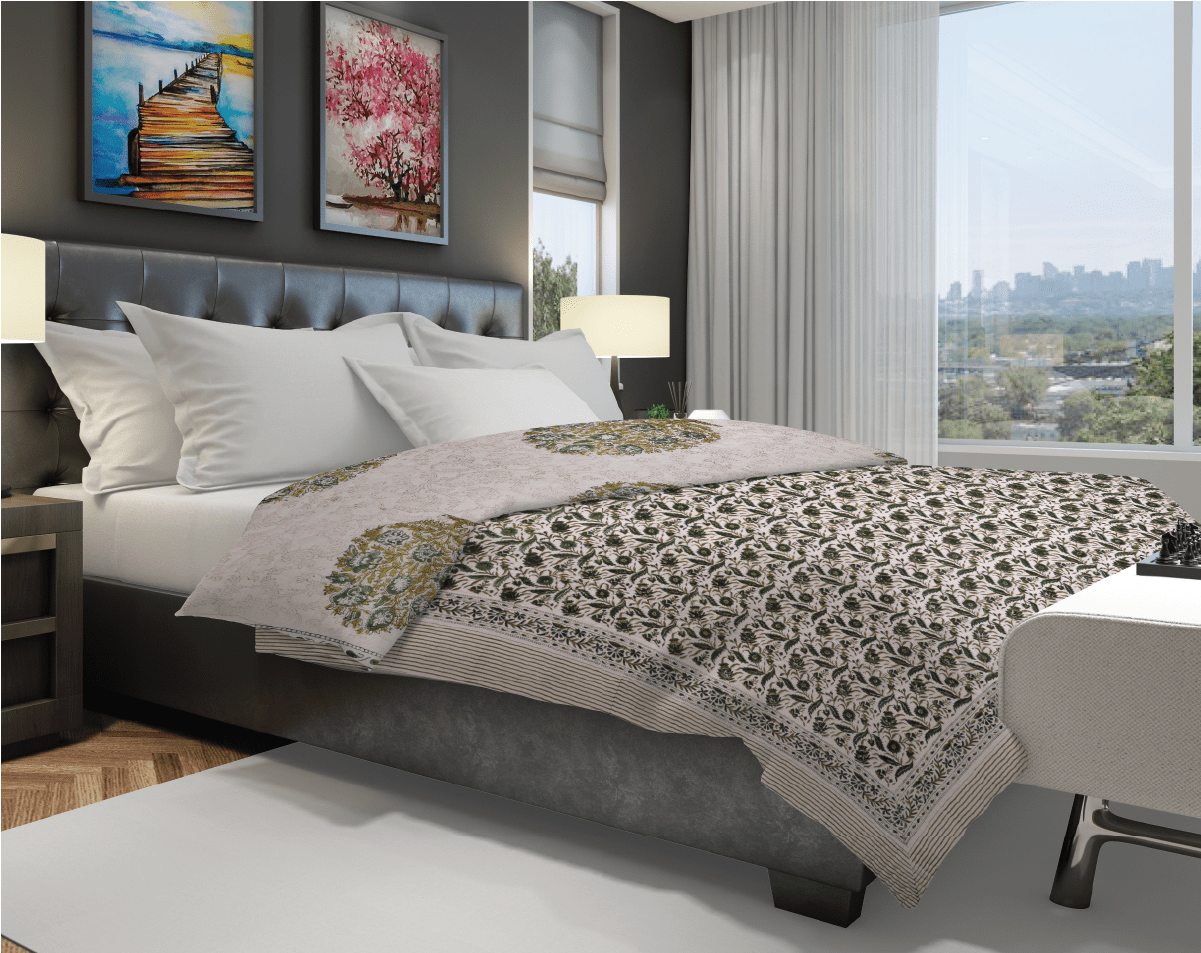 Machine Quilted Floral Green Block Print Quilt - Lushfab Jaipur