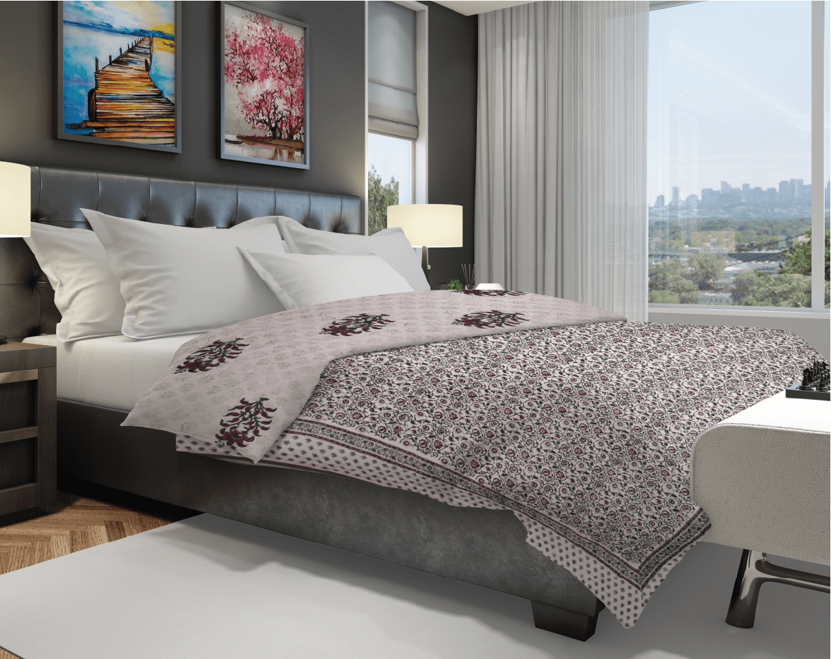 Machine Quilted Dark Purple Flower Block-Print Quilt - Lushfab Jaipur