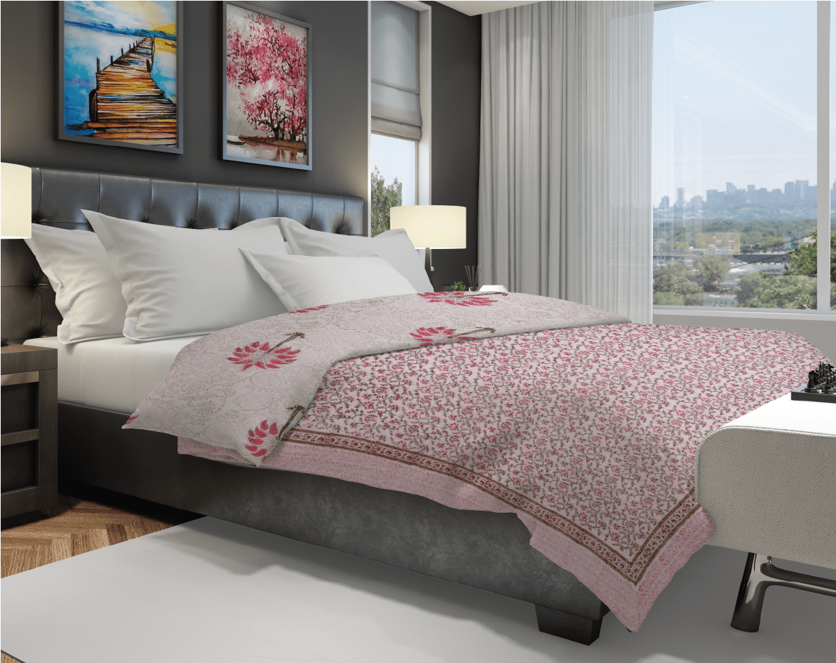 Machine Quilted Pink Palm tree Block Print Cotton Quilt - Lushfab Jaipur