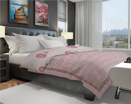 Machine Quilted Pink Palm tree Block Print Cotton Quilt - Lushfab Jaipur