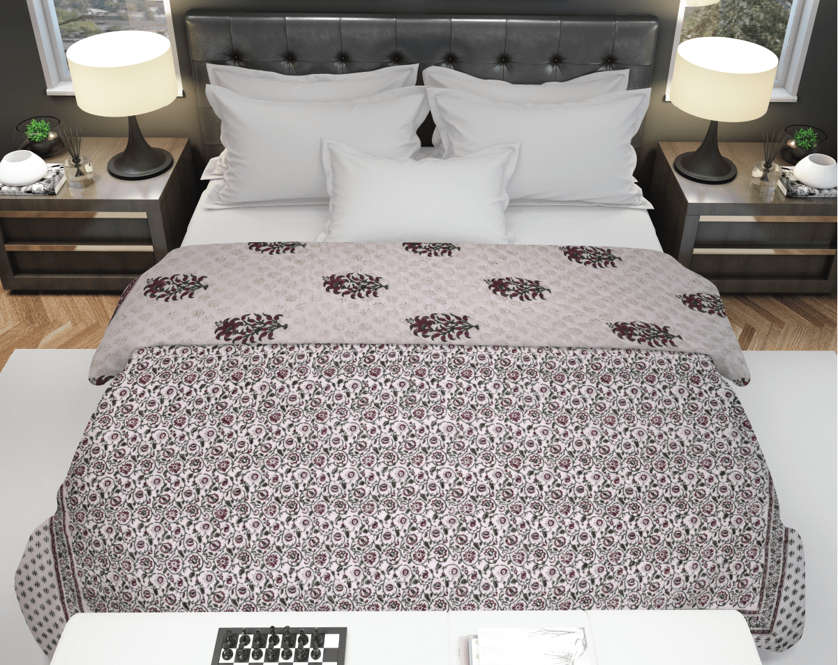 Machine Quilted Dark Purple Flower Block-Print Quilt - Lushfab Jaipur