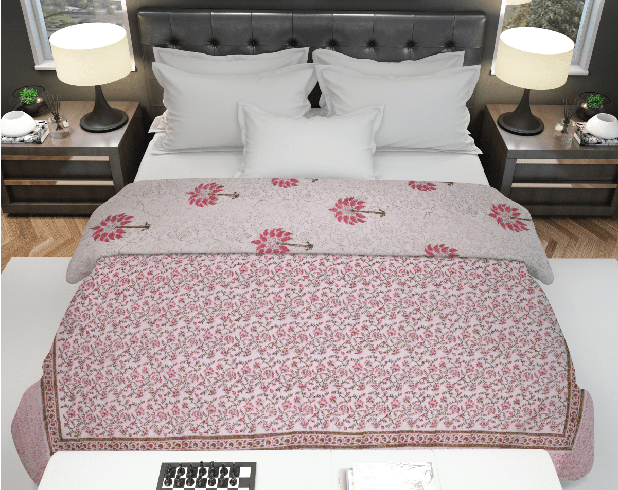 Machine Quilted Pink Palm tree Block Print Cotton Quilt - Lushfab Jaipur