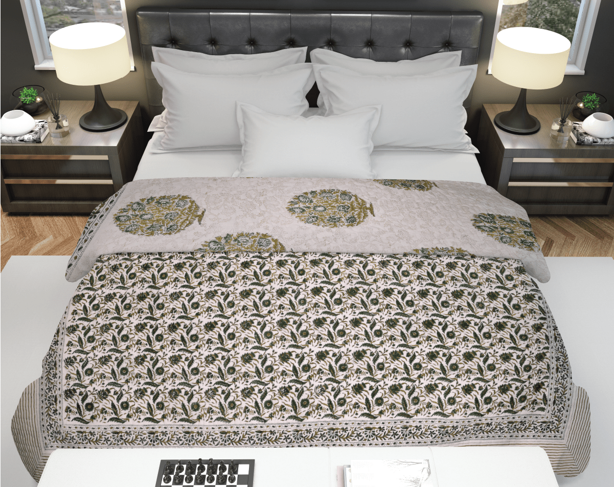 Machine Quilted Floral Green Block Print Quilt - Lushfab Jaipur