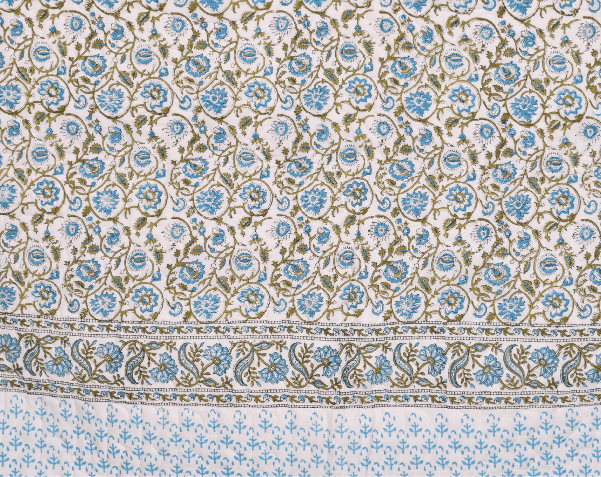 Machine Quilted Blue Sunflower Block Print Cotton Quilt - Lushfab Jaipur