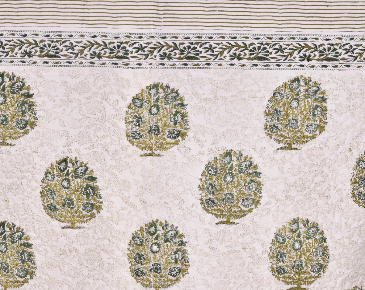 Machine Quilted Floral Green Block Print Quilt - Lushfab Jaipur