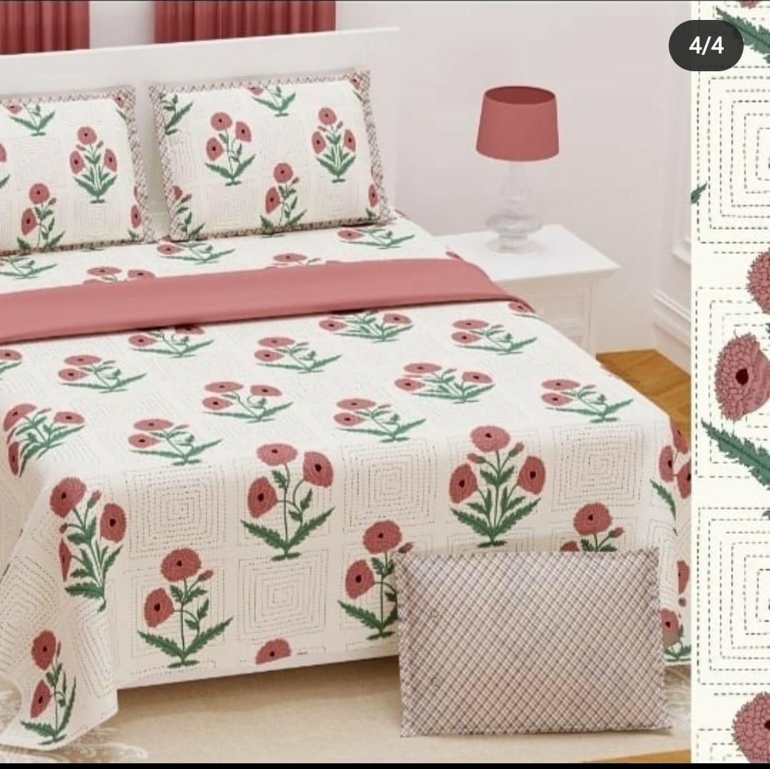 Jaipuri Print King Size Bedsheet (108x108) inch - Red Rose