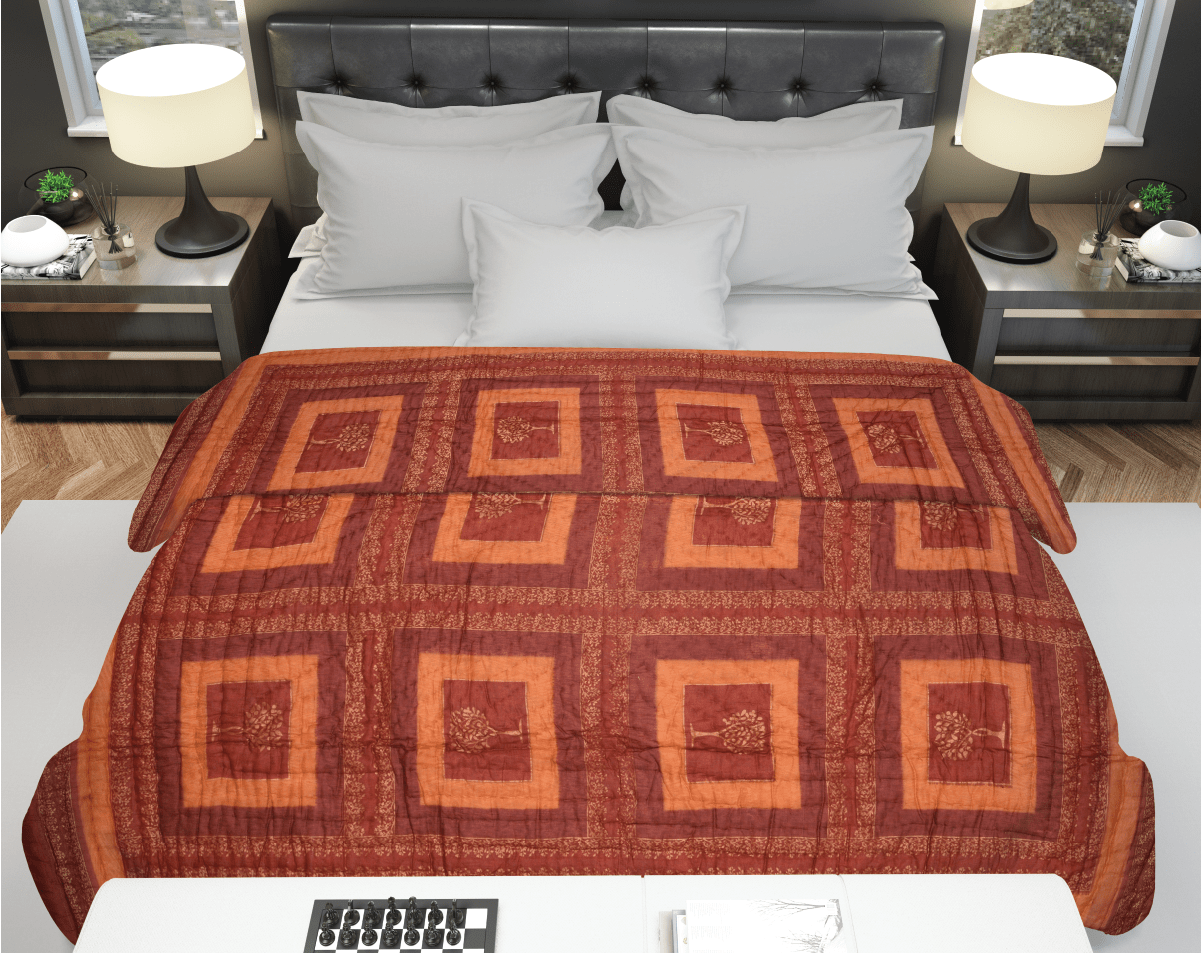 Rust Gold Print Jaipuri Razai /Quilt - Lushfab Jaipur