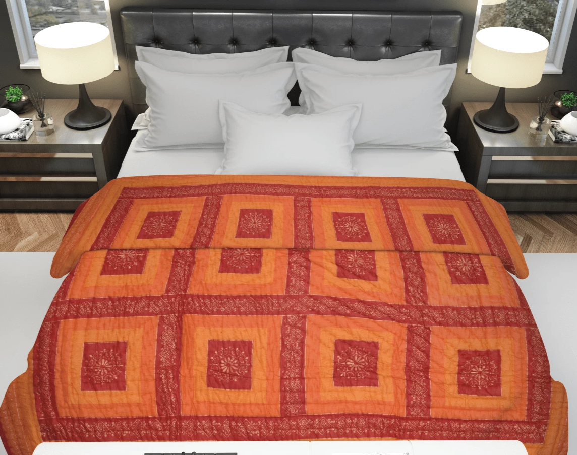Orange Gold Print Jaipuri Razai /Quilt - Lushfab Jaipur