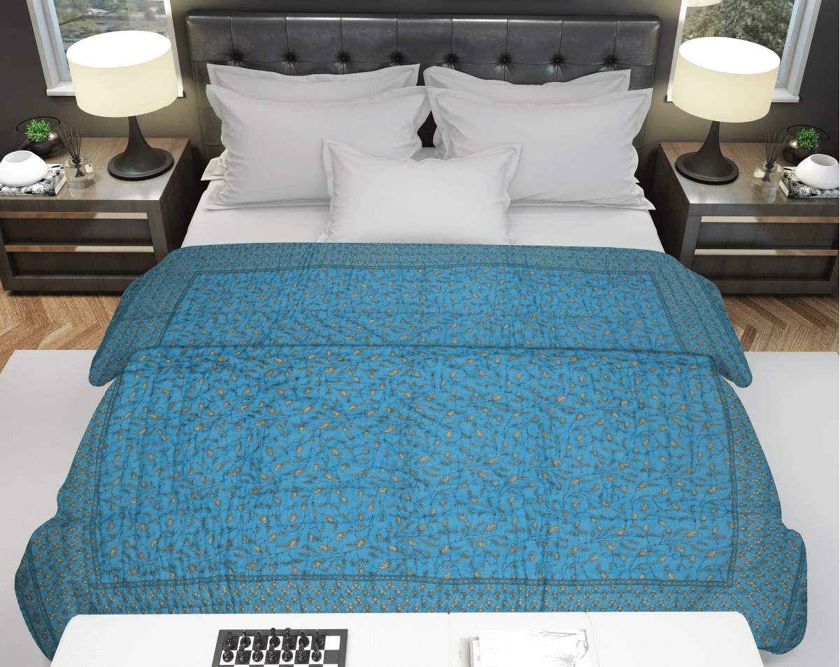 Light Blue Dye-Gold Jaipuri Razai / Quilt - Lushfab Jaipur