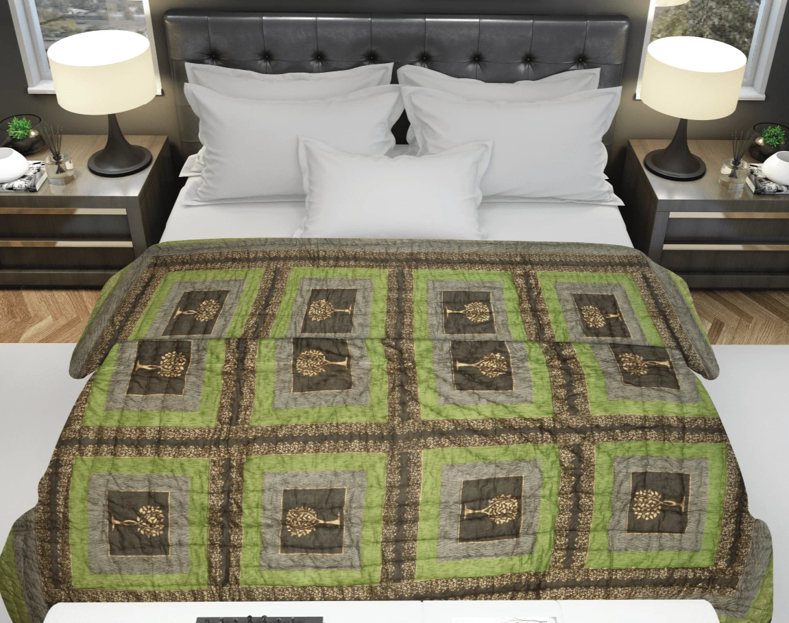 Green Gold Print Jaipuri Razai /Quilt - Lushfab Jaipur