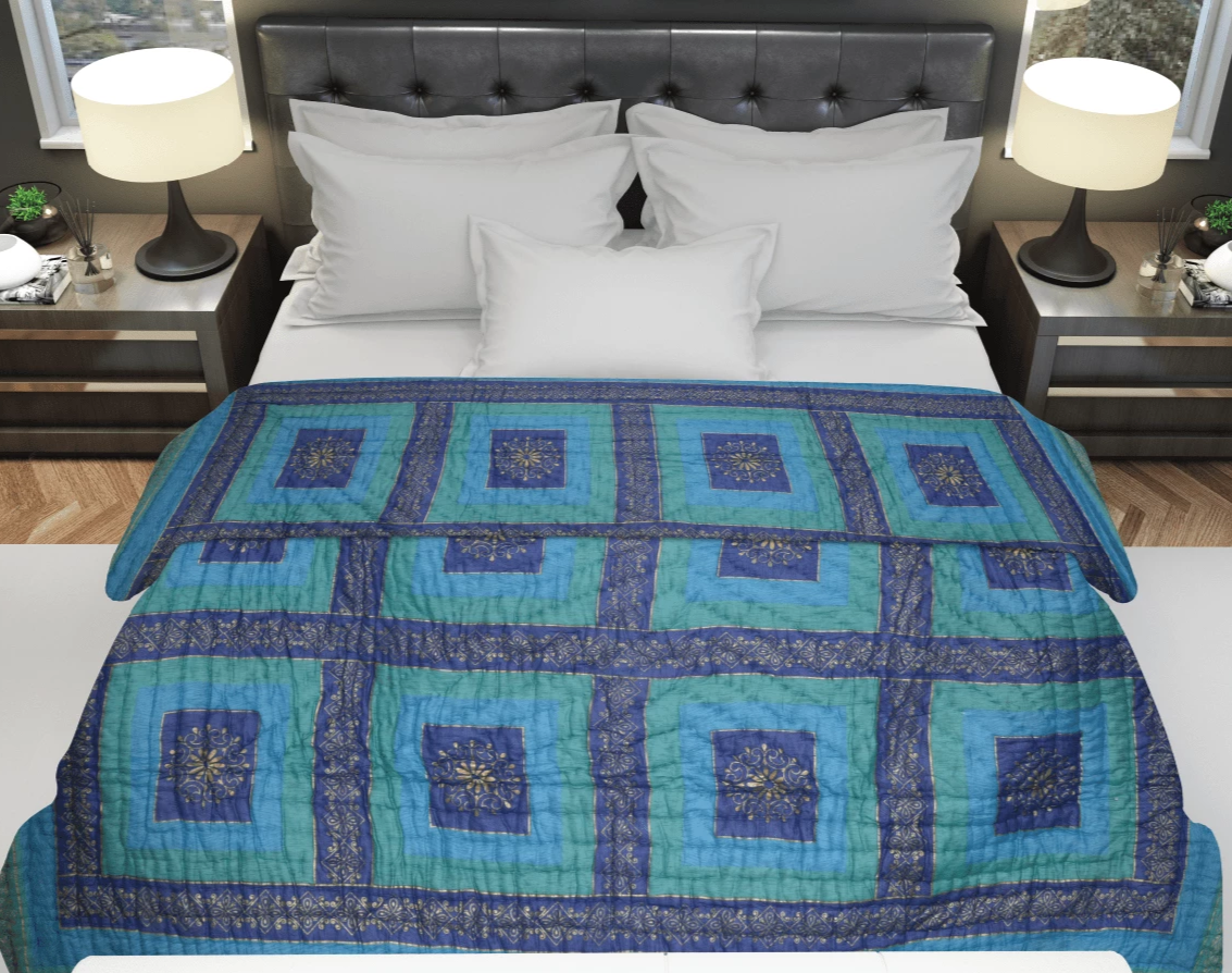 Blue Gold Print Jaipuri Razai /Quilt - Lushfab Jaipur