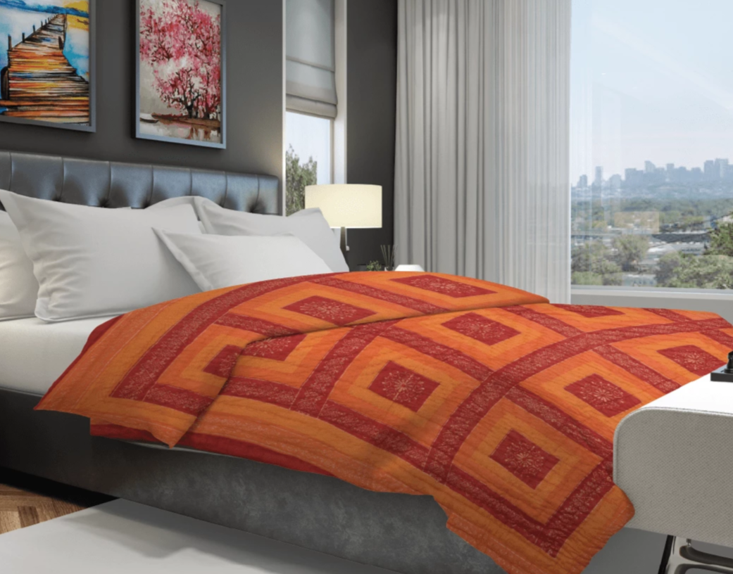 Orange Gold Print Jaipuri Razai /Quilt - Lushfab Jaipur