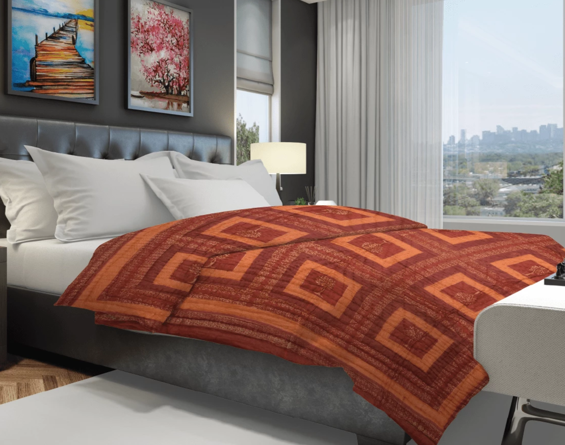 Rust Gold Print Jaipuri Razai /Quilt - Lushfab Jaipur