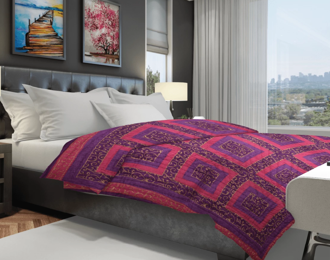 Purple Gold Print Jaipuri Razai /Quilt - Lushfab Jaipur