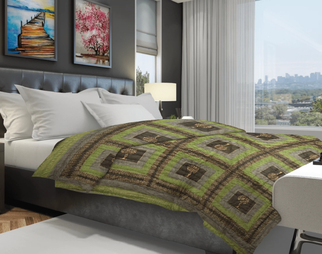 Green Gold Print Jaipuri Razai /Quilt - Lushfab Jaipur