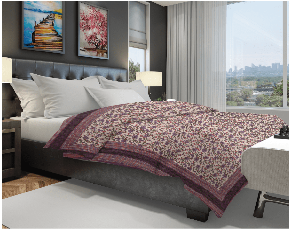 Purple Flower Mughal Print Cotton Razai /Quilt - Lushfab Jaipur