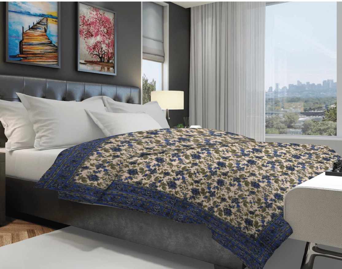 Blue Flower Mughal Print Cotton Razai /Quilt - Lushfab Jaipur