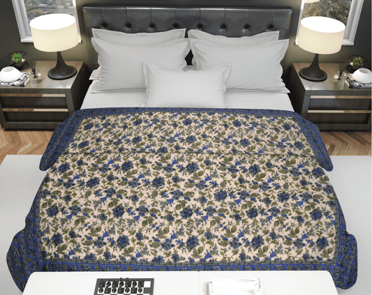 Blue Flower Mughal Print Cotton Razai /Quilt - Lushfab Jaipur