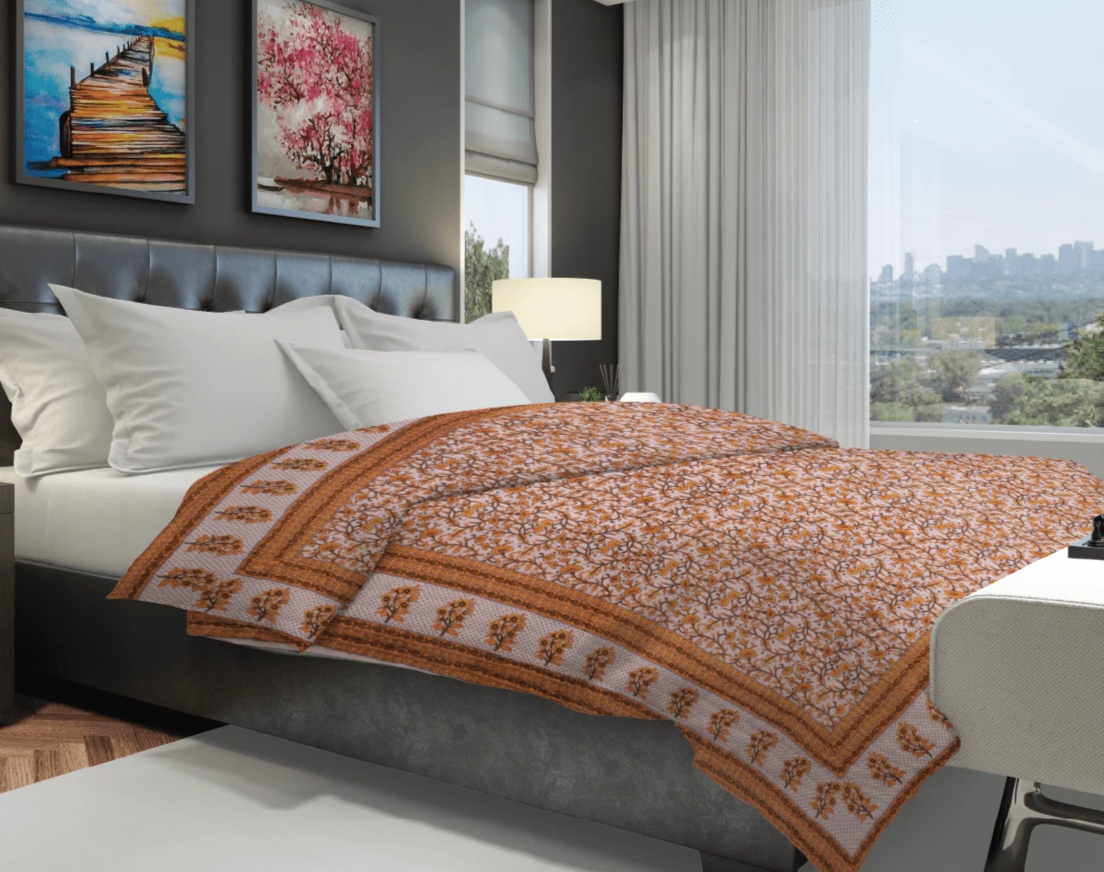 Orange Flower Sanganeri Print Cotton Razai /Quilt - Lushfab Jaipur