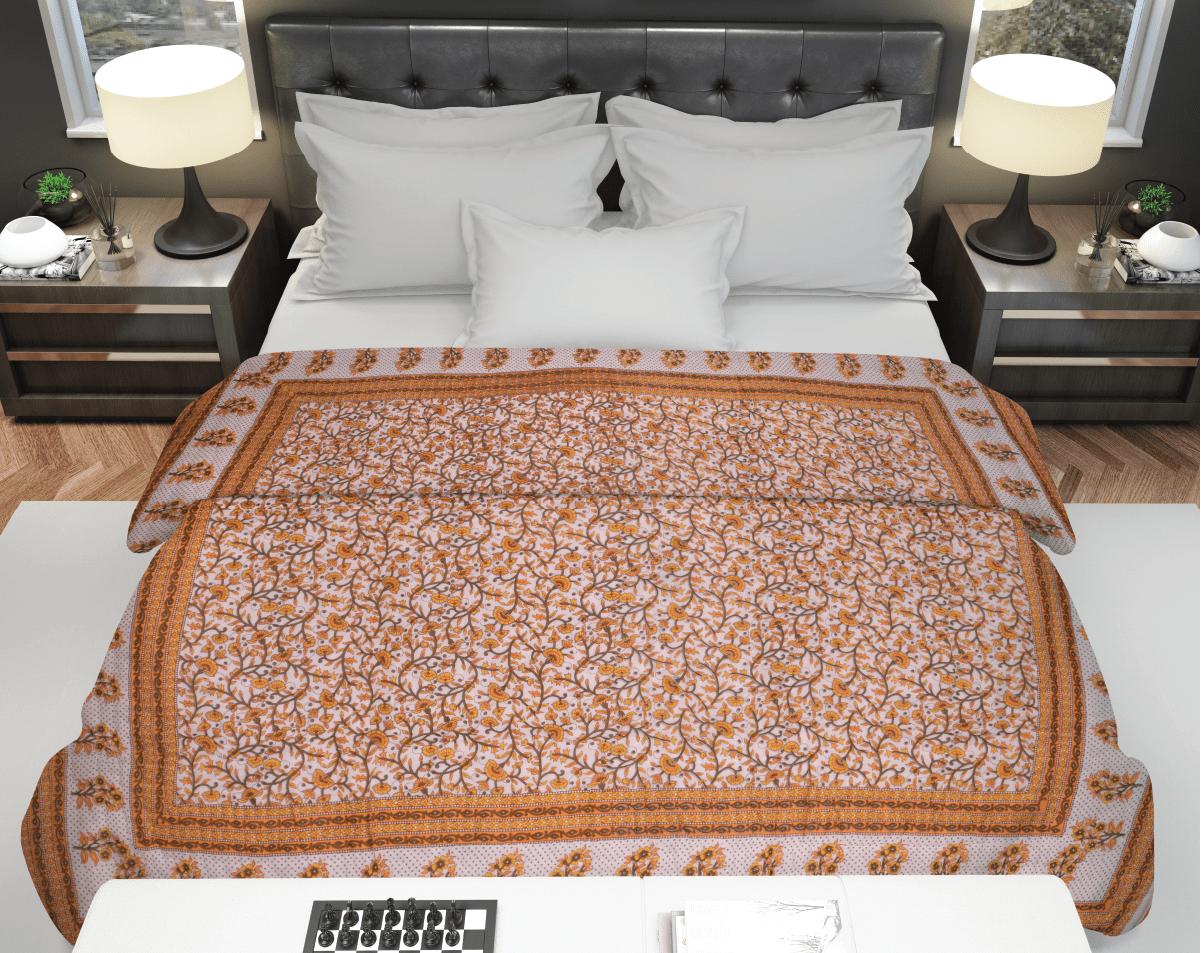 Orange Flower Sanganeri Print Cotton Razai /Quilt - Lushfab Jaipur