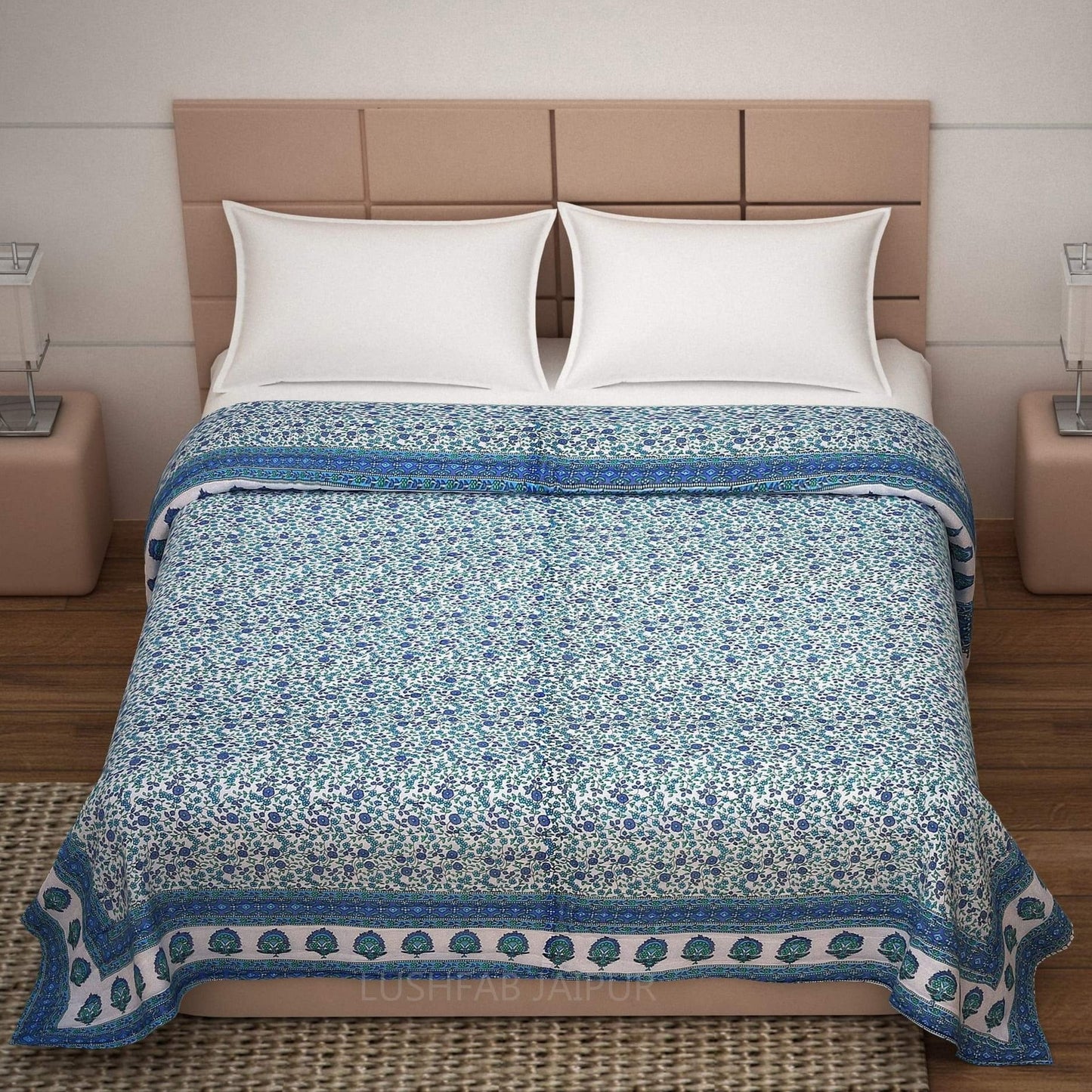 blue booti sanganeri print cotton jaipuri quilt-lushfab jaipur