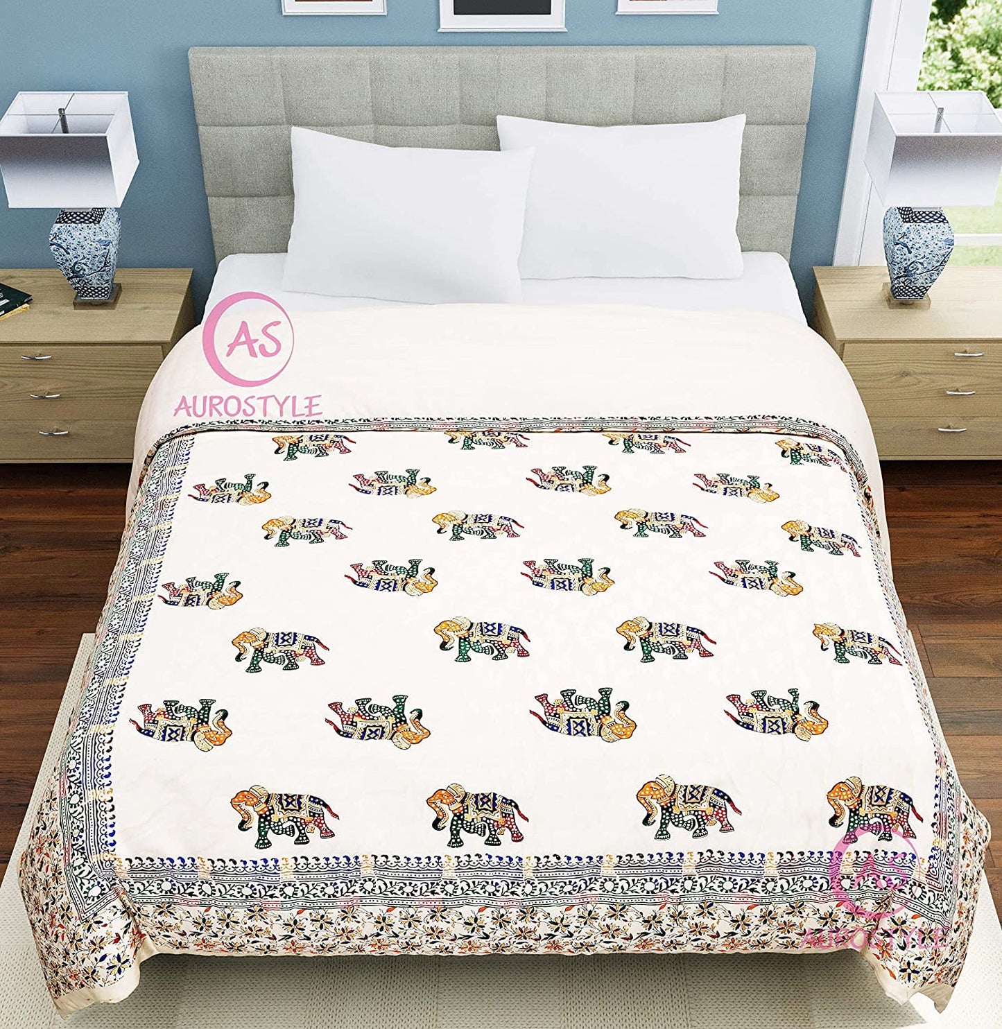 Elephant Block Print Jaipuri Razai/Quilt