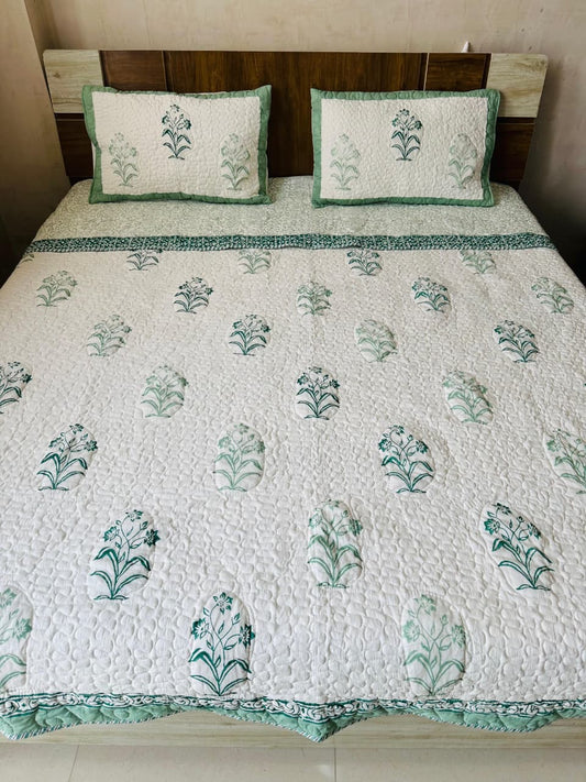 Block Printed Bagh Bedcover with Quilted Pillow Covers - Double bed