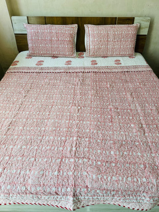 Block Printed Jaal Bedcover with Quilted Pillow Covers - Double bed
