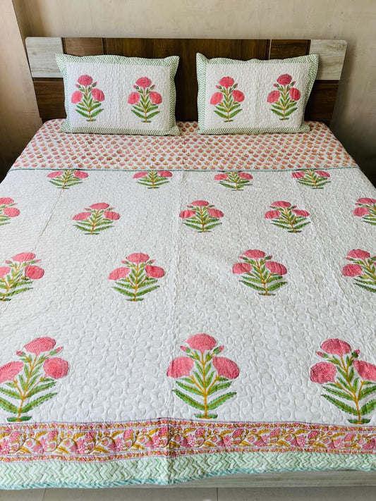 Block Printed Bedcover with Quilted Pillow Covers Marigold - Double bed