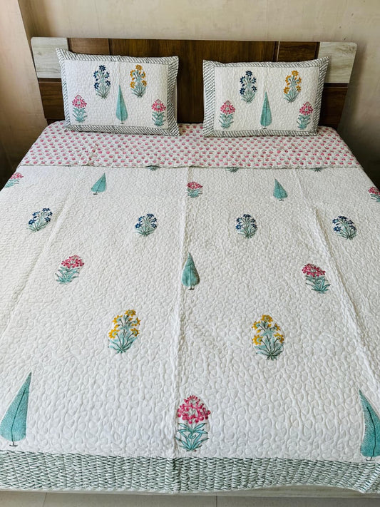 Block Printed Bedcover with Quilted Pillow Covers - Double bed
